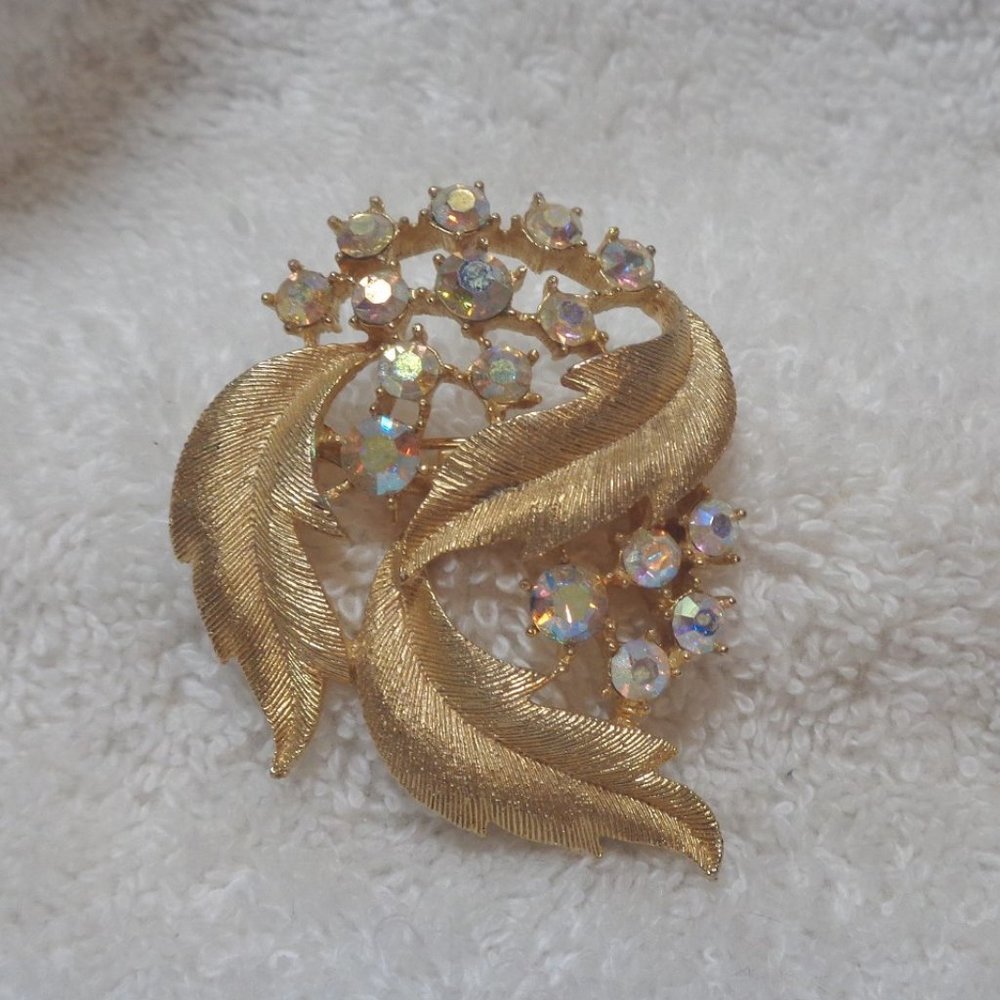 Sparkling Textured Gold-tone AB Rhinestone Brooch